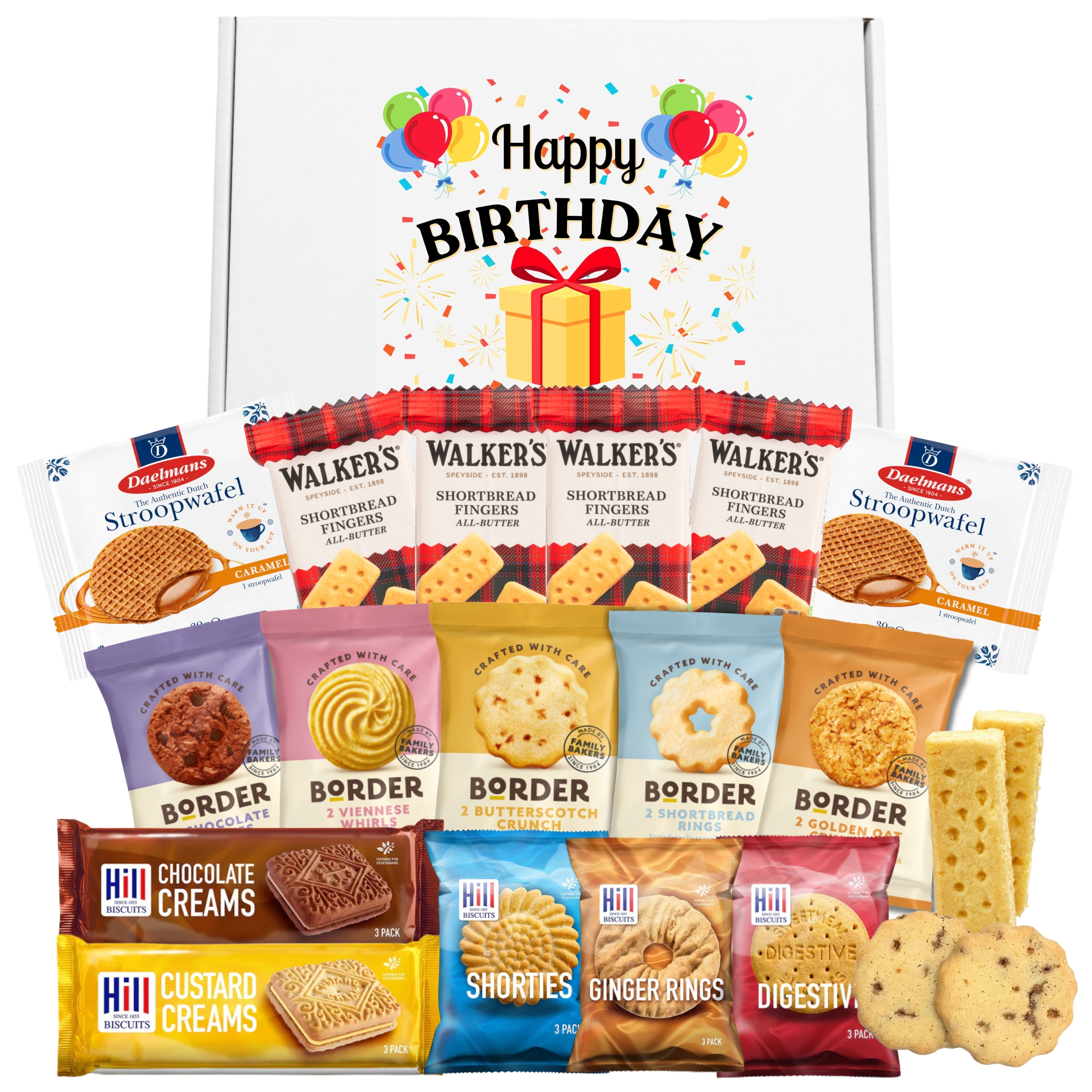Happy Birthday biscuit gift set with Border Biscuits, Walkers Shortbread and custard creams