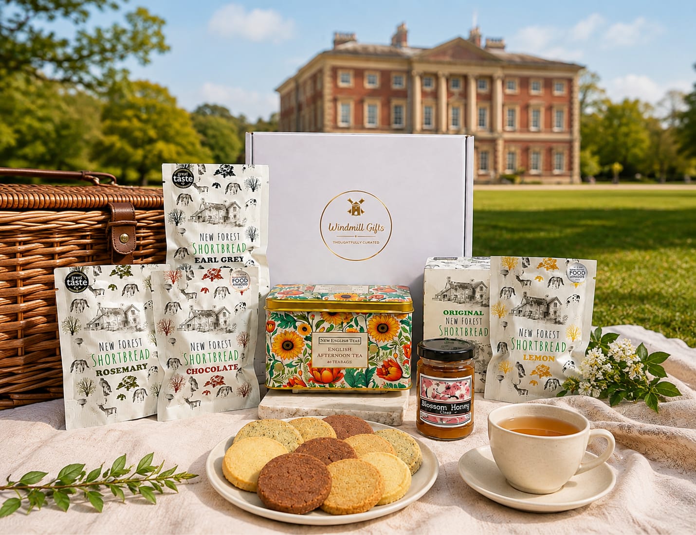 A Windmill Gifts branded gift box and wicker hamper of afternoon tea treats set out on the grass in Lytham parkland.