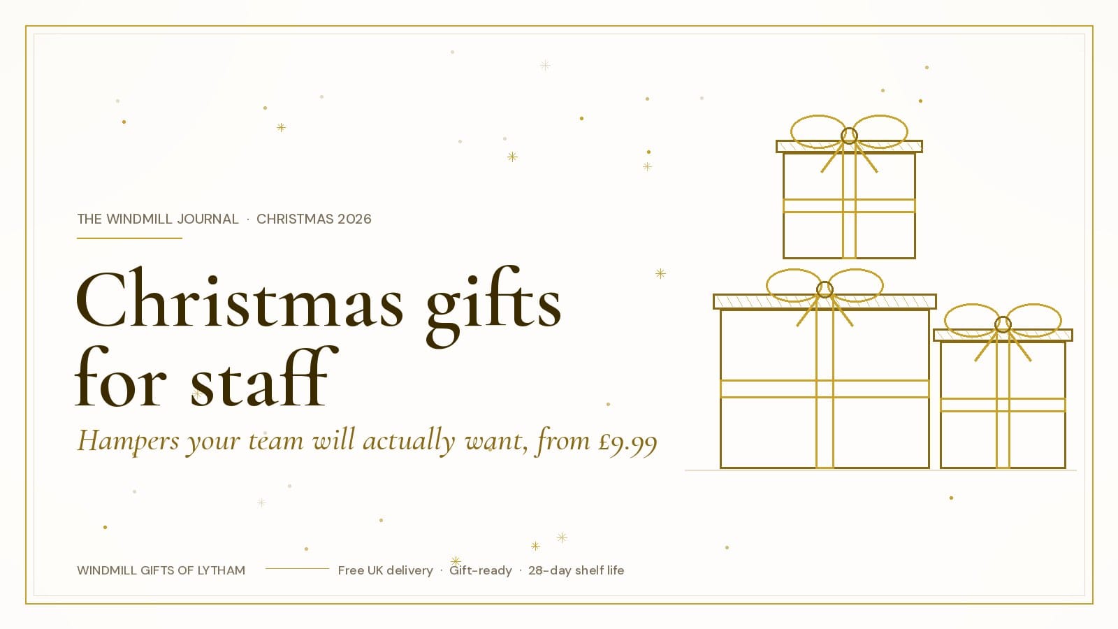 Christmas gifts for staff: three gold line-drawn gift hampers with ribbons on a cream background, from Windmill Gifts of Lytham