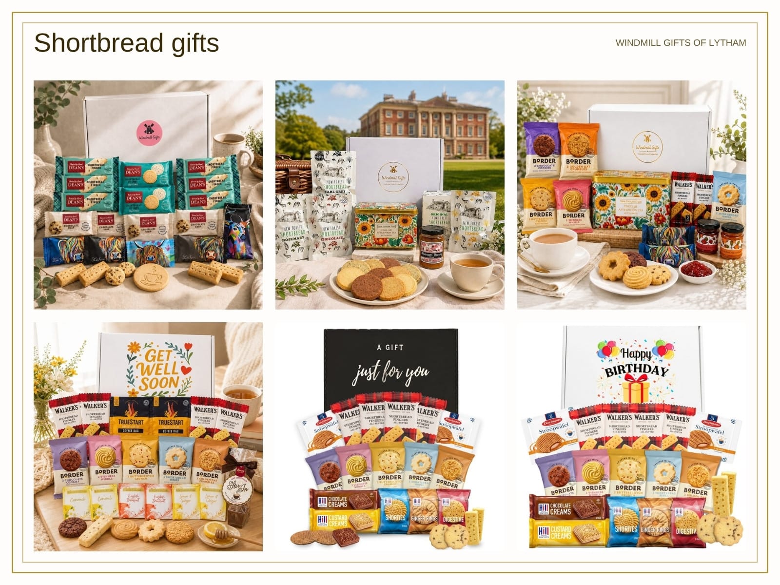 The six Windmill Gifts hampers that contain shortbread, shown together on a cream background: The Shortbread Box, The Lytham Afternoon Tea, The English Afternoon Tea, The Get Well Soon Box, The Biscuit Lover's Box and The Birthday Biscuit Box.