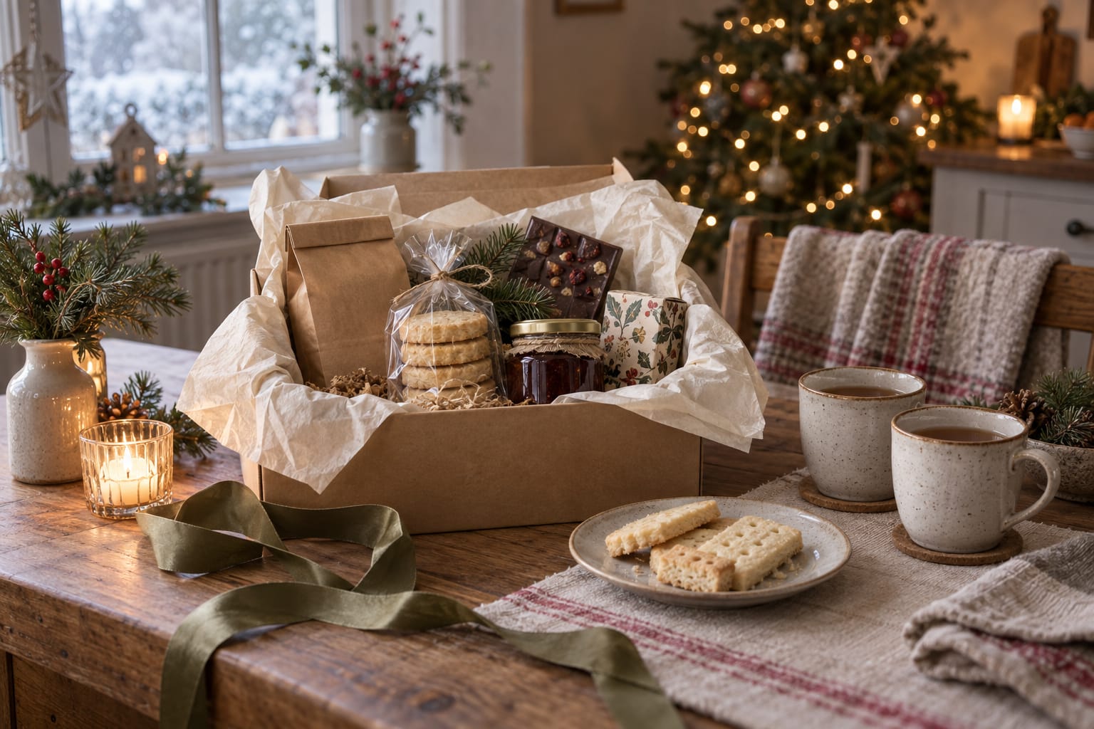 An open Christmas gift box with tea, biscuits and treats beside two mugs on a wooden table.