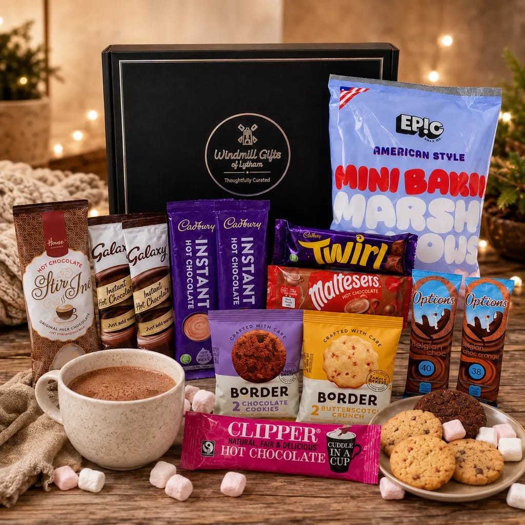 The Hot Chocolate Night In gift set from Windmill Gifts, with hot chocolate sachets, marshmallows, biscuits and a mug.