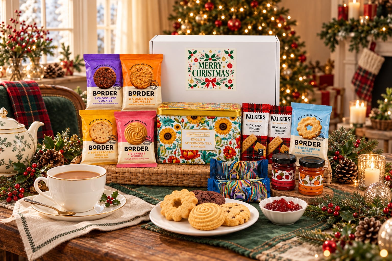Styled Christmas afternoon tea scene based on our gift box, with a floral tea tin, biscuits, shortbread and preserves beside a cup of tea.