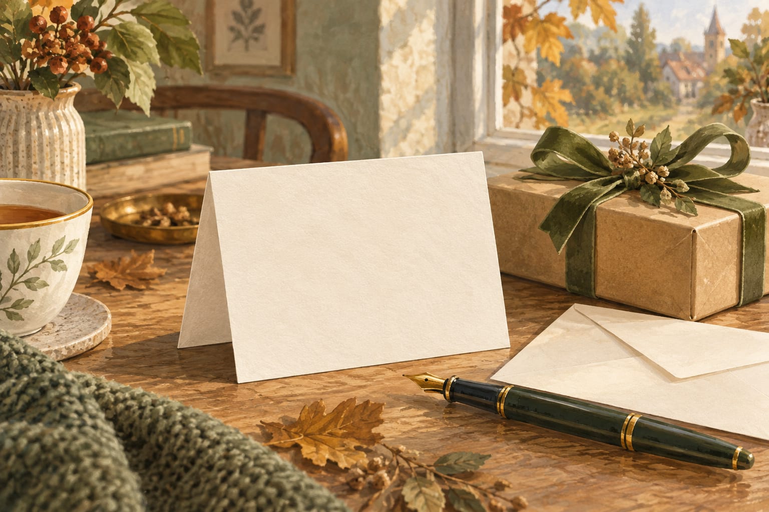 Illustration of a blank thank-you card, fountain pen and ribbon-tied gift box beside a cup of tea in soft autumn light.