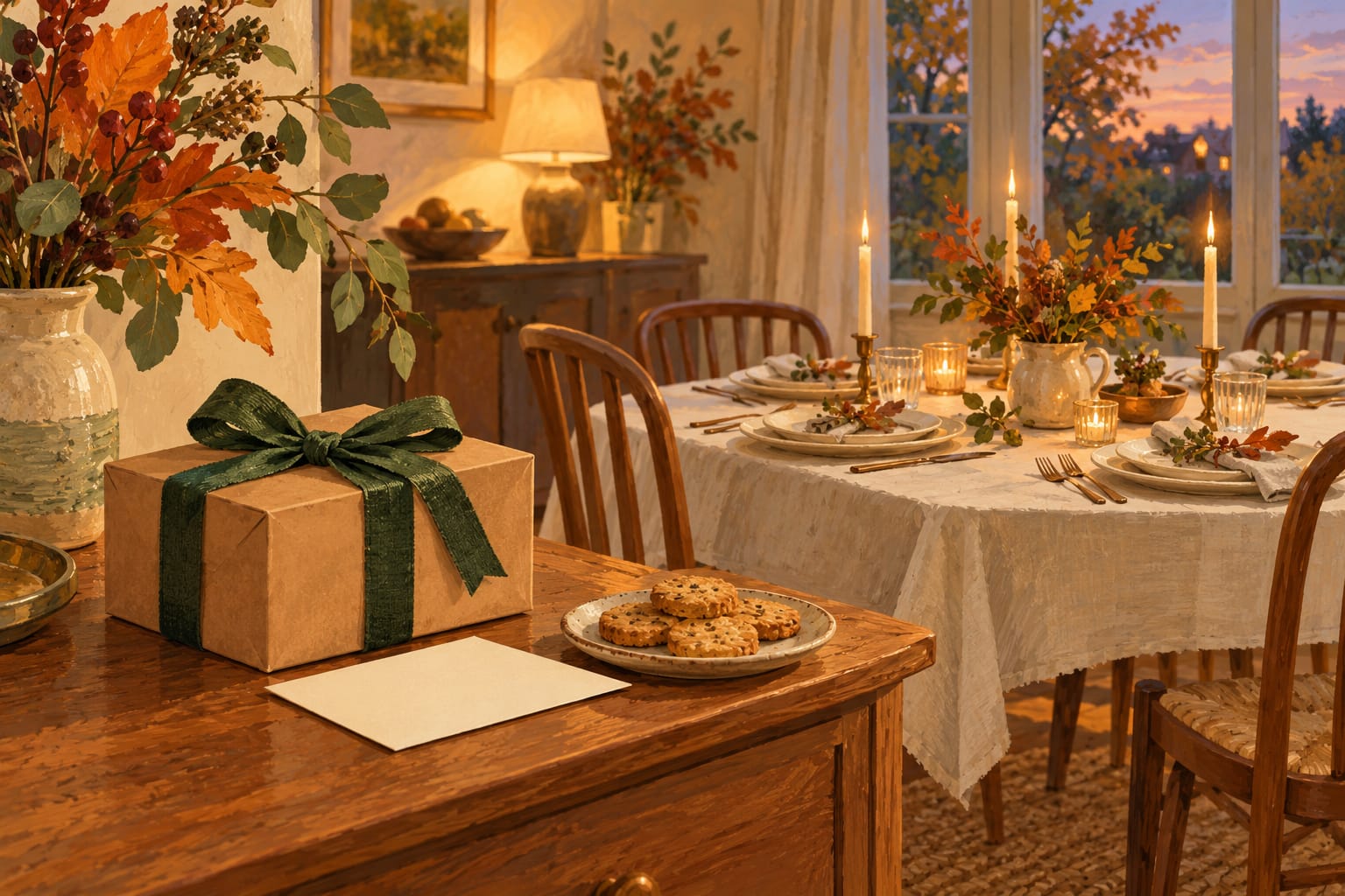 Autumn illustration of a ribbon-tied gift box and biscuits on a sideboard beside a warmly lit table set for dinner.