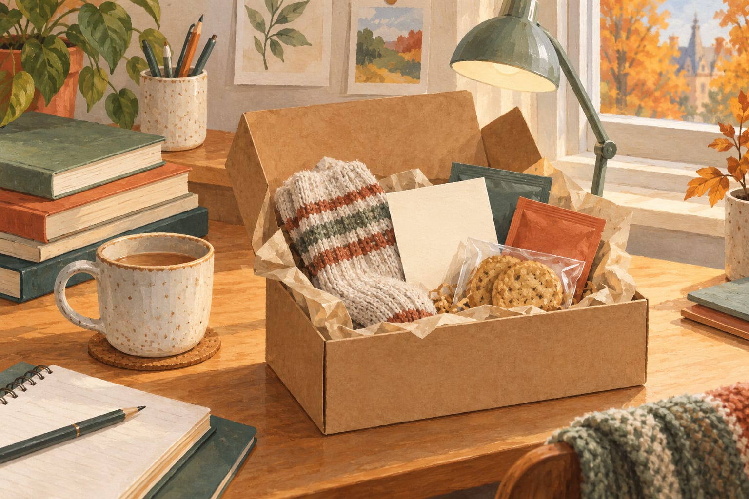 Illustration of an open care parcel with socks, tea, biscuits and a note on a student desk beside books and a mug.
