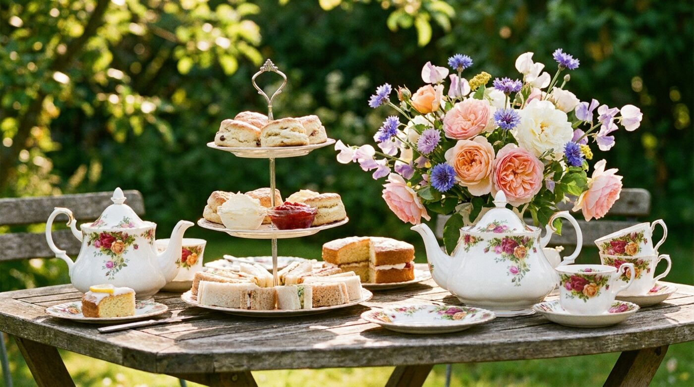 Afternoon tea set out on a garden table in the British summer sunshine, with a floral teapot, scones and cakes