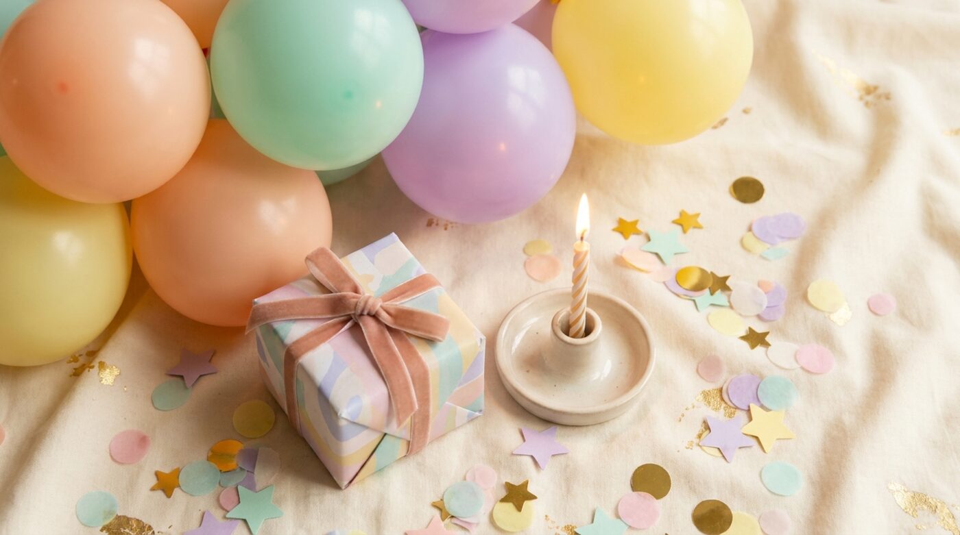 A colourful birthday celebration with balloons, a wrapped gift and confetti