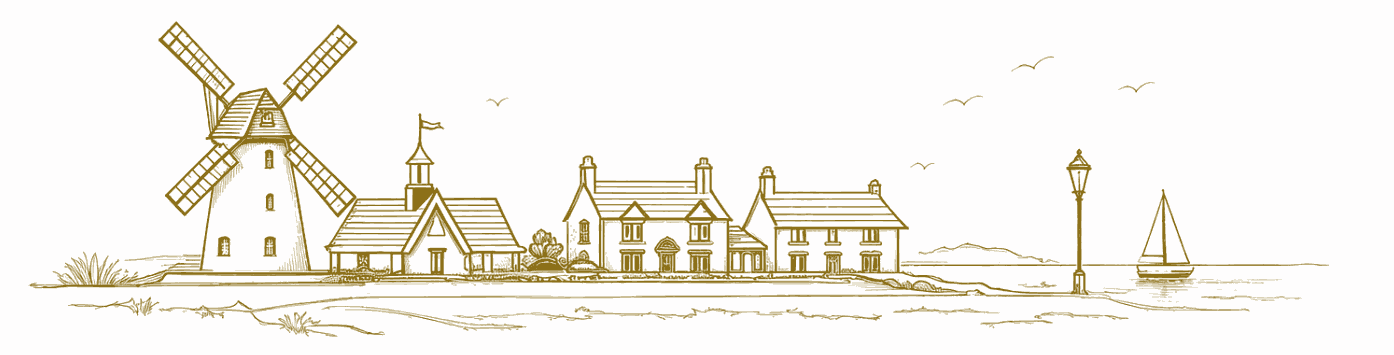 Line drawing of the Lytham skyline: the windmill, the lifeboat house, seafront houses and a sailing boat